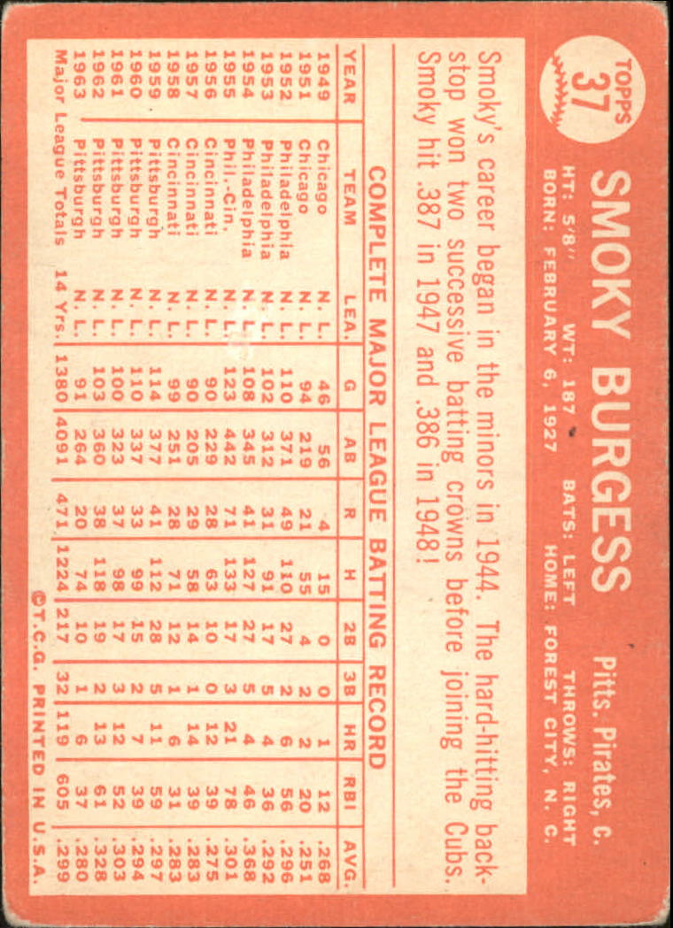 1964 Topps #37 Smoky Burgess back image