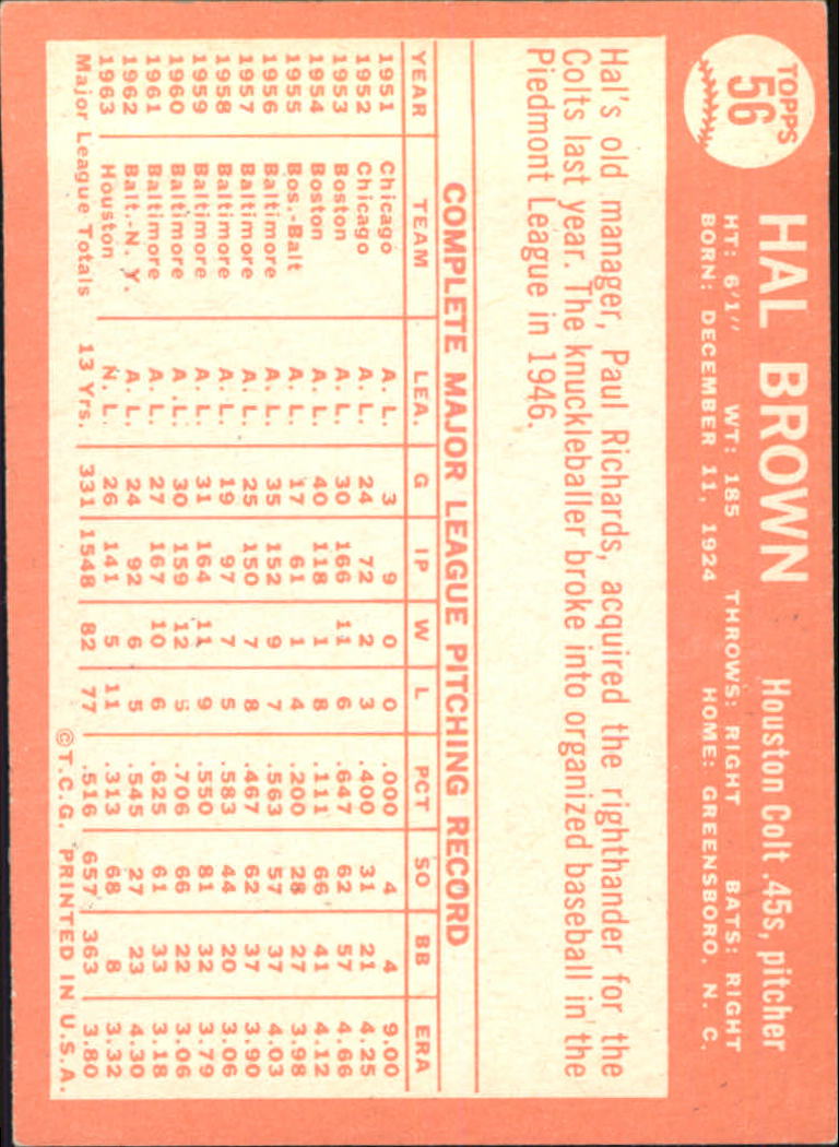 1964 Topps #56 Hal Brown back image