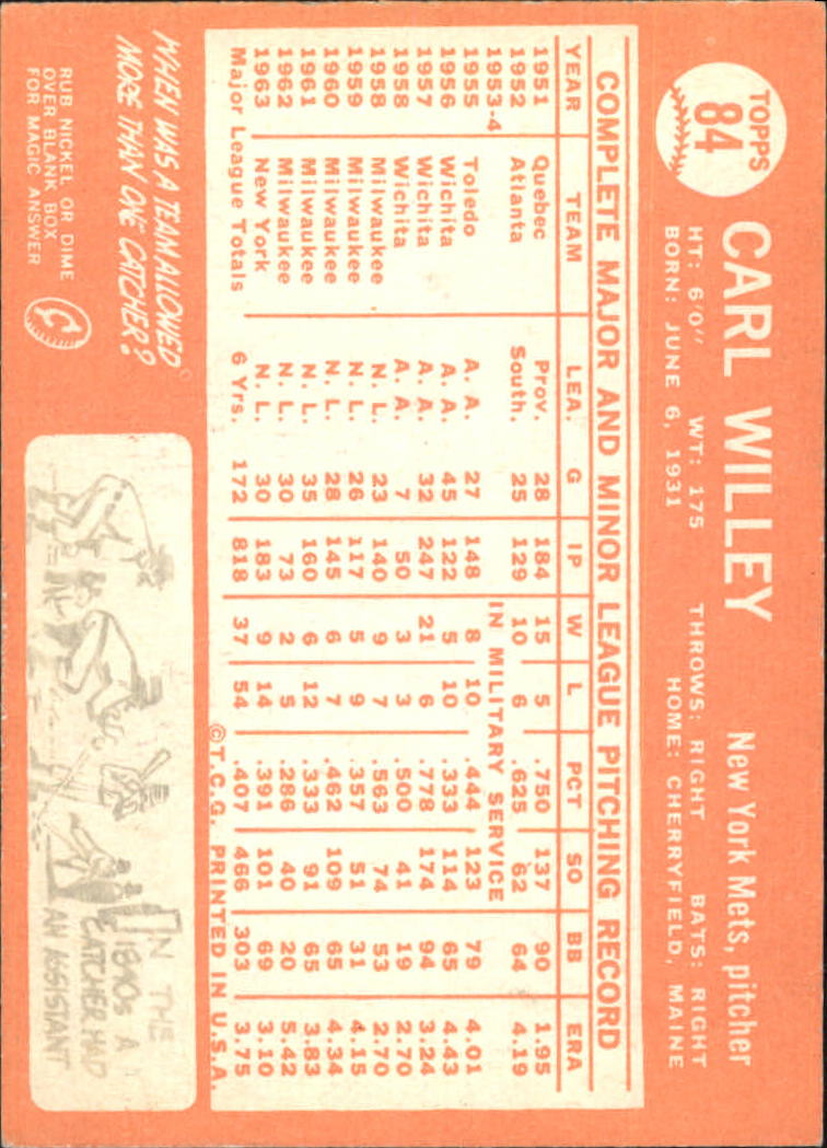 1964 Topps #84 Carl Willey back image