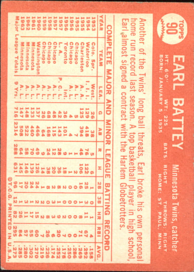 1964 Topps #90 Earl Battey back image