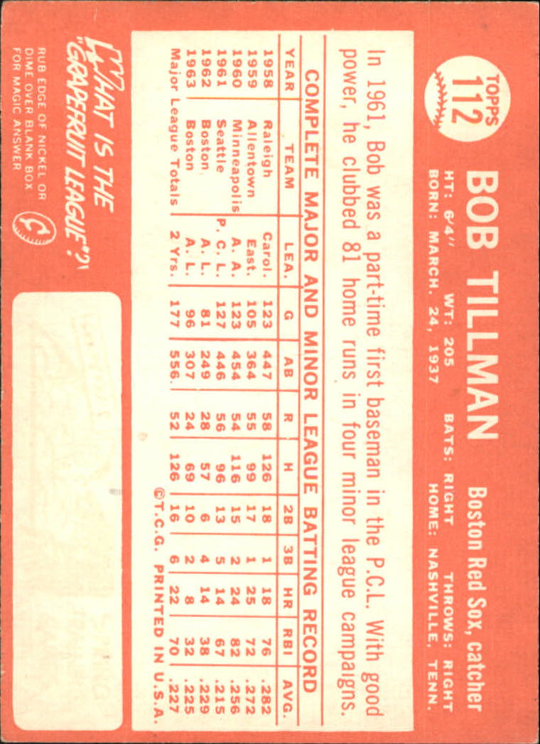 1964 Topps #112 Bob Tillman back image