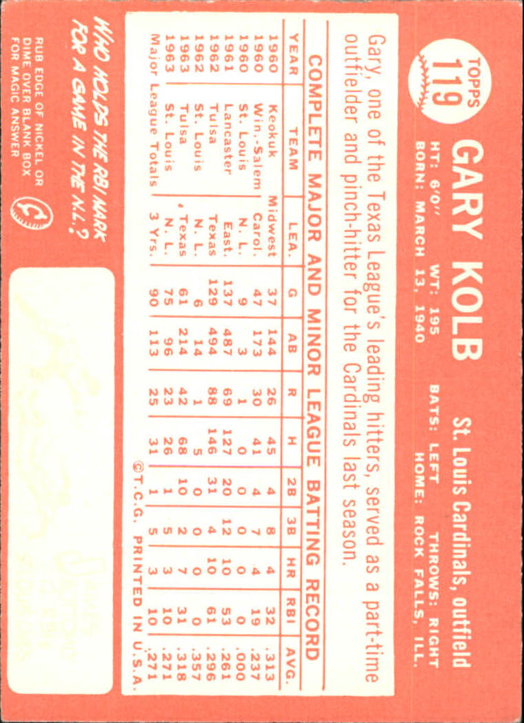 1964 Topps #119 Gary Kolb RC back image