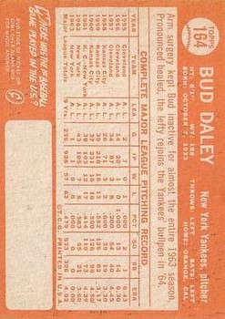 1964 Topps #164 Bud Daley back image
