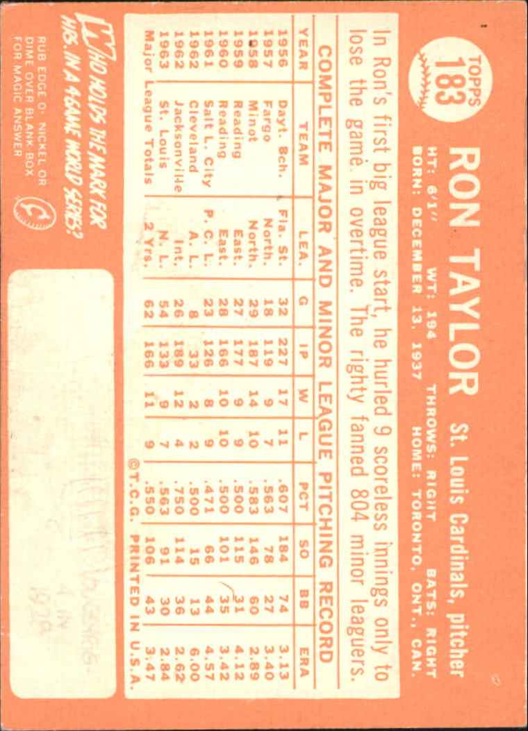 1964 Topps #183 Ron Taylor back image