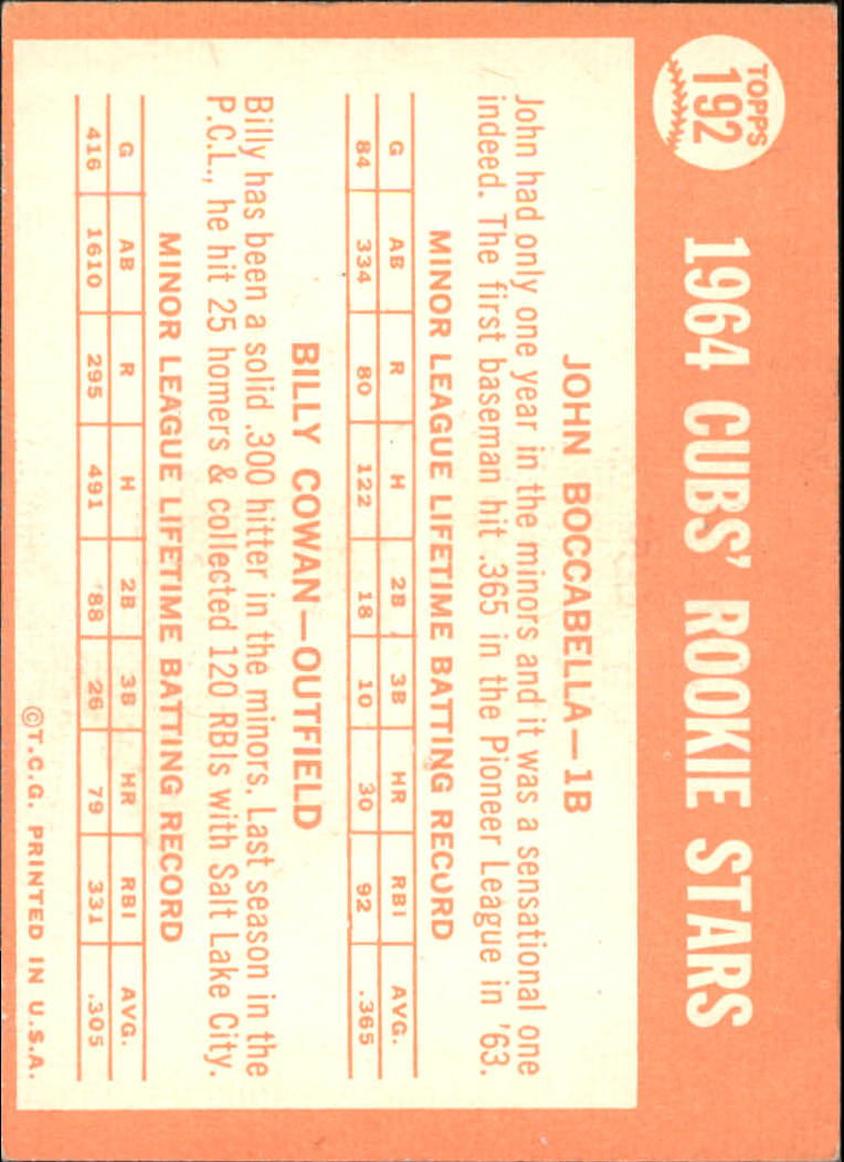 1964 Topps #192 Rookie Stars/John Boccabella RC/Billy Cowan RC back image