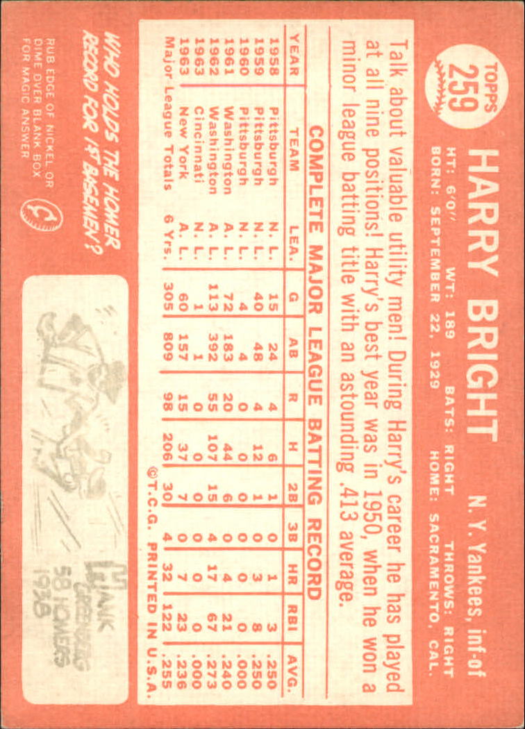 1964 Topps #259 Harry Bright back image