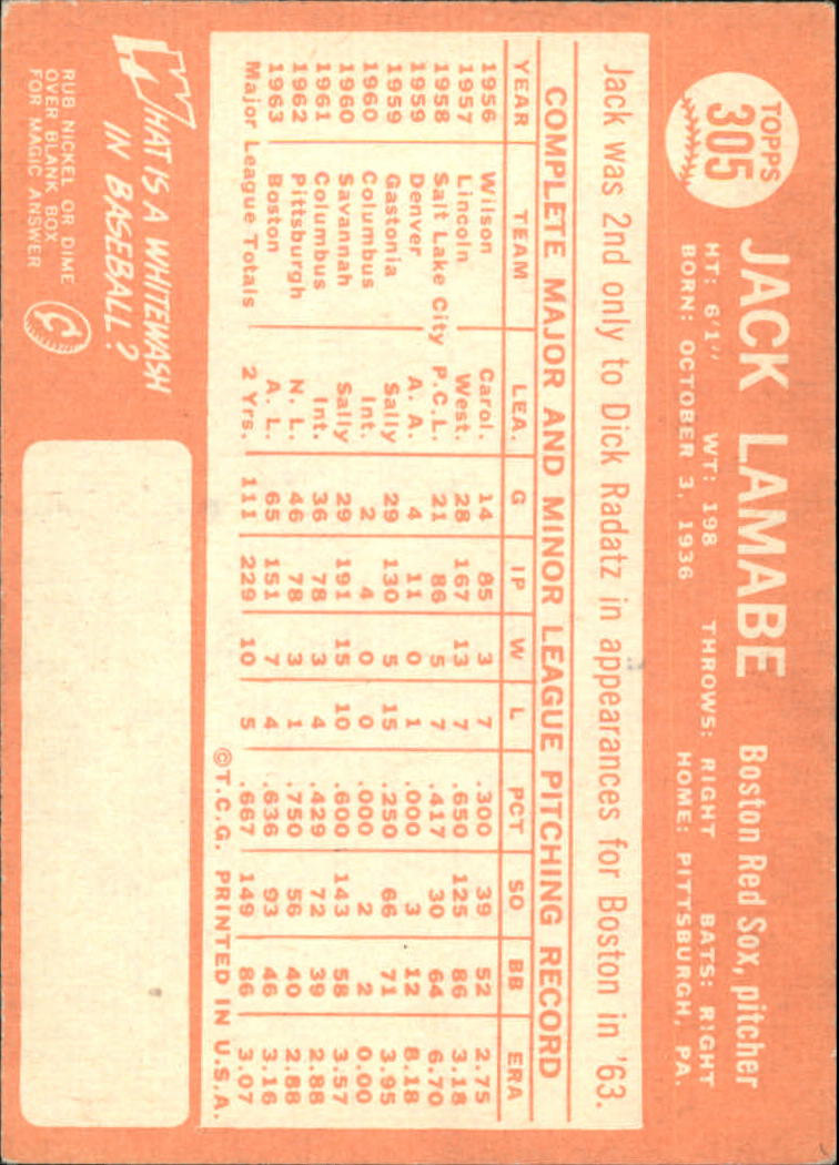 1964 Topps #305 Jack Lamabe back image
