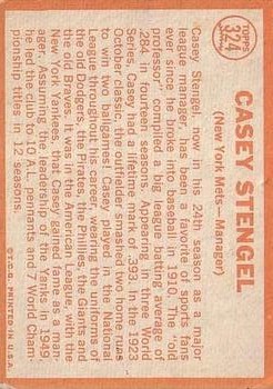 1964 Topps #324 Casey Stengel MG back image