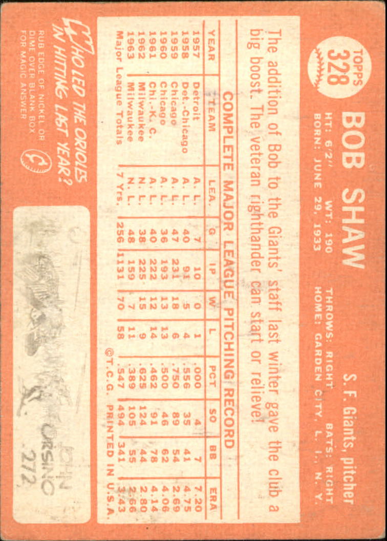 1964 Topps #328 Bob Shaw back image