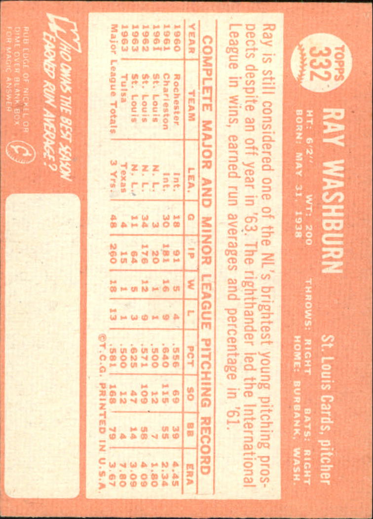 1964 Topps #332 Ray Washburn back image