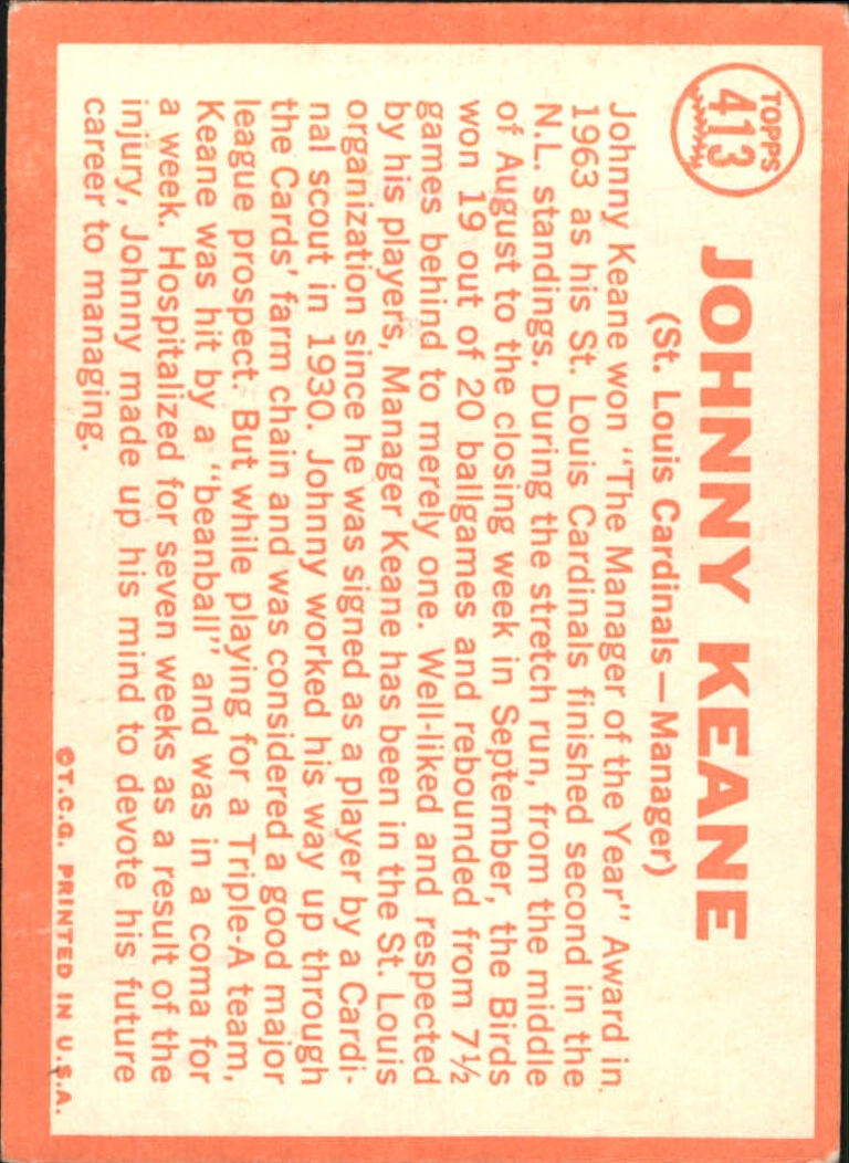 1964 Topps #413 Johnny Keane MG back image
