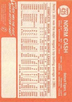 1964 Topps #425 Norm Cash back image