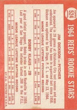 1964 Topps #524 Rookie Stars/Jim Dickson RC/Bobby Klaus RC back image