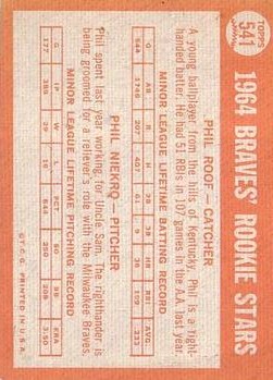 1964 Topps #541 Rookie Stars/Phil Roof/Phil Niekro RC back image