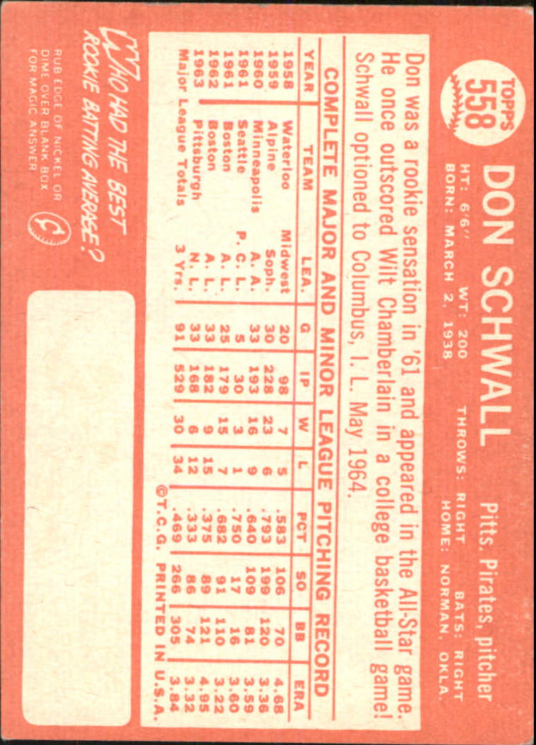 1964 Topps #558 Don Schwall back image