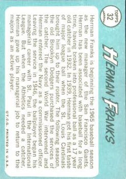 1965 Topps #32 Herman Franks MG back image