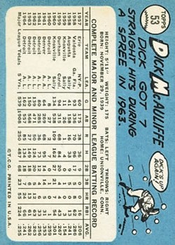 1965 Topps #53 Dick McAuliffe back image