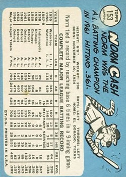 1965 Topps #153 Norm Cash back image