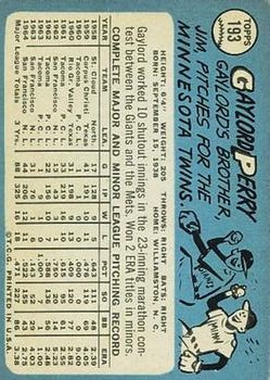 1965 Topps #193 Gaylord Perry back image