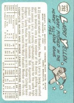 1965 Topps #292 Larry Yellen back image