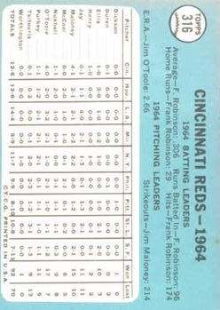 1965 Topps #316 Cincinnati Reds TC back image