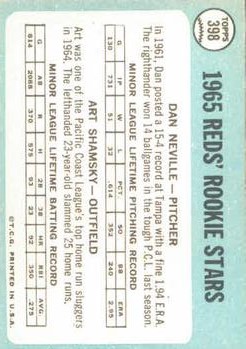 1965 Topps #398 Rookie Stars/Dan Neville RC/Art Shamsky RC back image