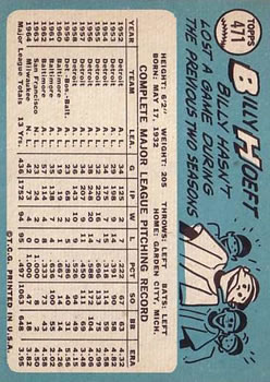 1965 Topps #471 Billy Hoeft back image