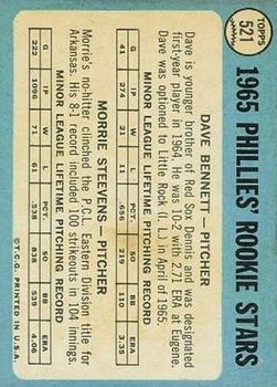 1965 Topps #521 Rookie Stars/Dave Bennett/Morrie Steevens RC back image