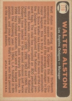 1966 Topps #116 Walter Alston MG back image