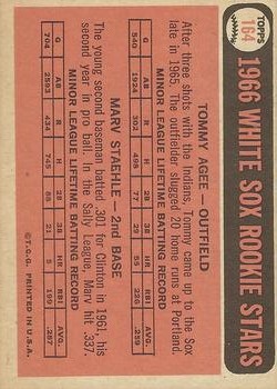 1966 Topps #164 Rookie Stars/Tommie Agee/Marv Staehle back image