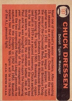 1966 Topps #187 Chuck Dressen MG back image