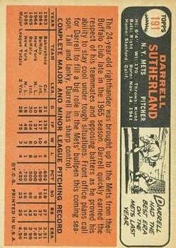 1966 Topps #191 Darrell Sutherland RC back image