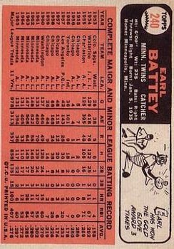 1966 Topps #240 Earl Battey back image