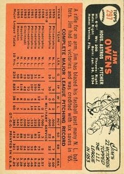 1966 Topps #297 Jim Owens back image
