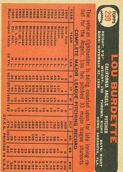 1966 Topps #299 Lew Burdette back image