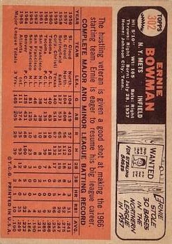 1966 Topps #302 Ernie Bowman back image