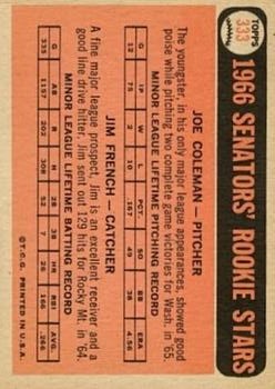 1966 Topps #333 Rookie Stars/Joe Coleman RC/Jim French RC back image