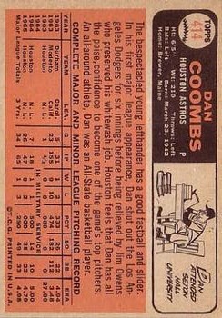 1966 Topps #414 Dan Coombs back image