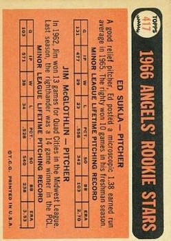1966 Topps #417 Rookie Stars/Jim McGlothlin RC/Ed Sukla RC back image