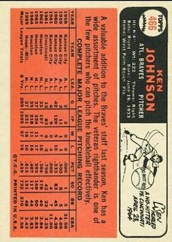 1966 Topps #466 Ken Johnson back image