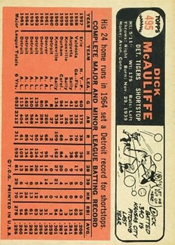 1966 Topps #495 Dick McAuliffe back image