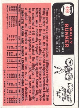 1966 Topps #499 Wally Bunker back image