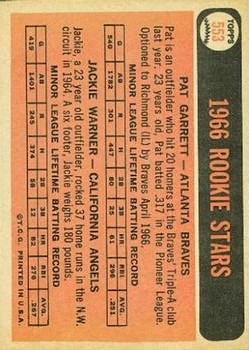 1966 Topps #553 Rookie Stars/Pat Garrett RC/Jackie Warner back image