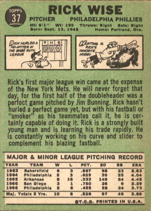 1967 Topps #37 Rick Wise back image