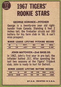 1967 Topps #72 Rookie Stars/George Korince RC/UER Photo is/James Murray Brown/John Tom Matchick RC back image