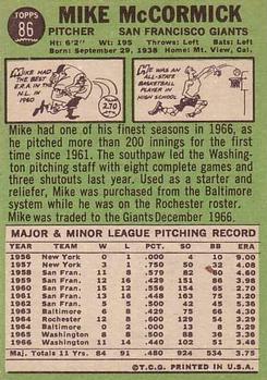 1967 Topps #86B Mike McCormick TR/Traded line/at end of bio;/Senators on front,/but Giants on back back image
