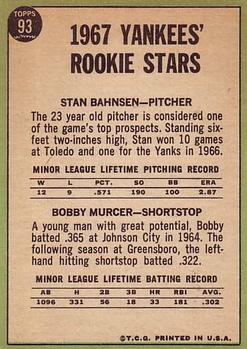 1967 Topps #93 Rookie Stars/Stan Bahnsen RC/Bobby Murcer back image