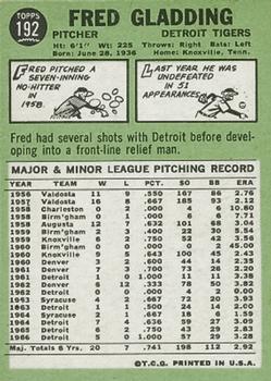 1967 Topps #192 Fred Gladding back image