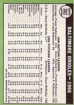 1967 Topps #302 Baltimore Orioles TC back image