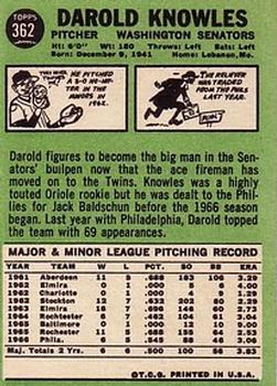 1967 Topps #362 Darold Knowles back image